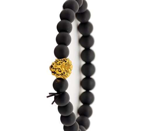 Black matt bead gold lion head bracelet.