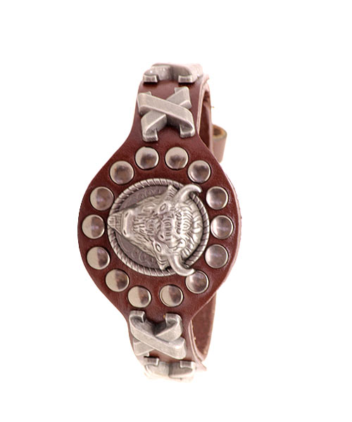 Brown leather bracelet for men boys with bull emblem.