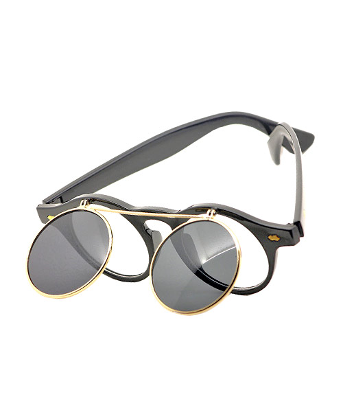 Retro style round clamshell flip up sunglasses.