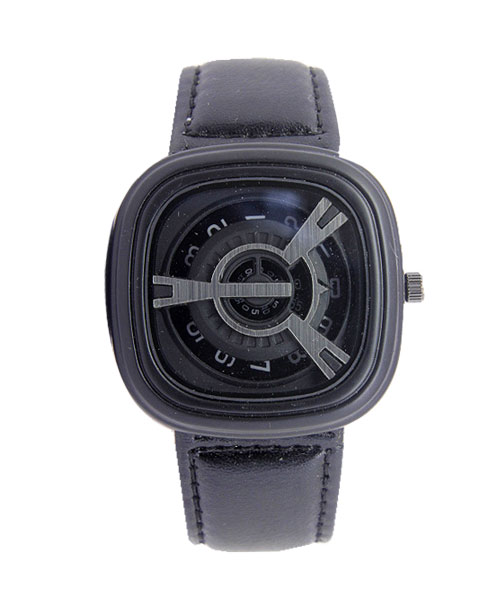 Rotating discs black leather mens watch.
