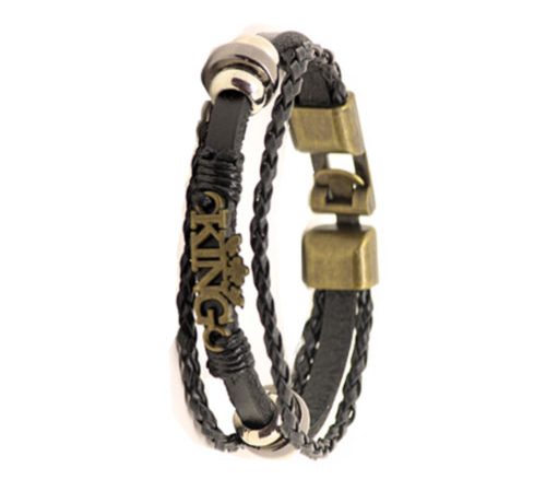 Bronze “King” logo multi-layer braided leather rope bracelet.