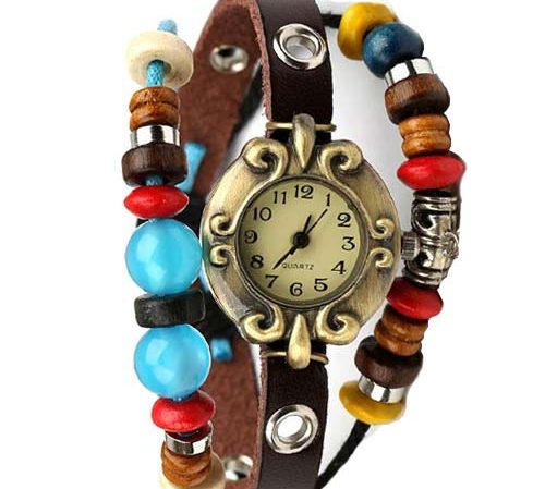 Colourful beaded belt gold alloy girls watch.