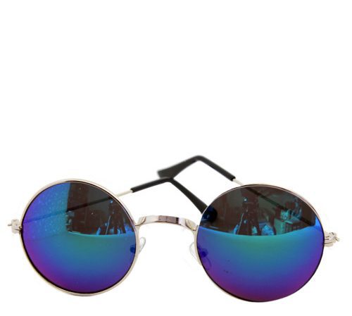 Retro mirrored blue round sunglasses.