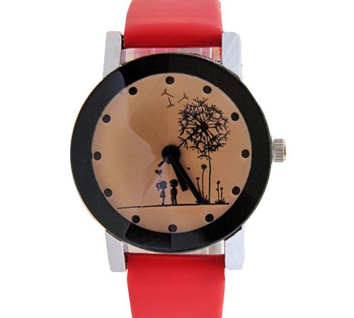 Heart printed red strap girls watch.