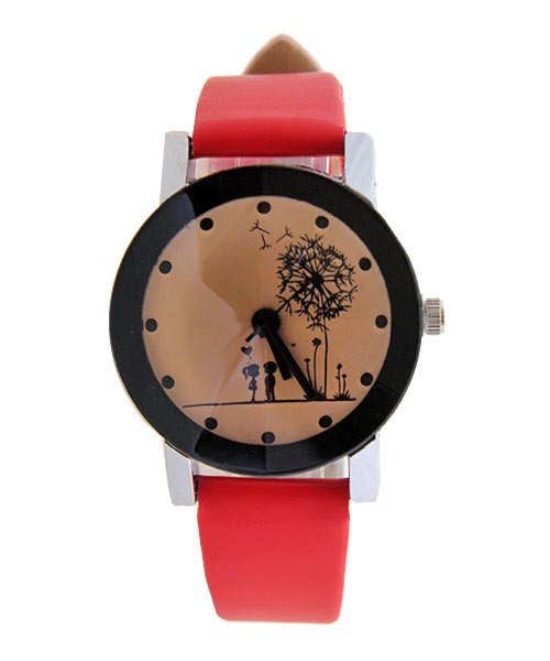 Heart printed red strap girls watch.