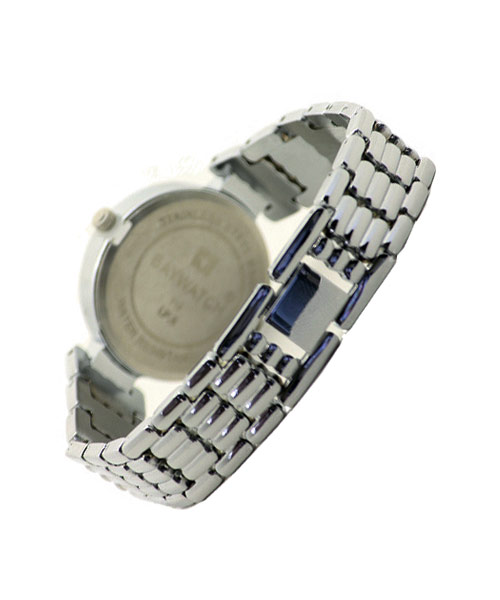 Round diamond studded silver wrist watch for girls.