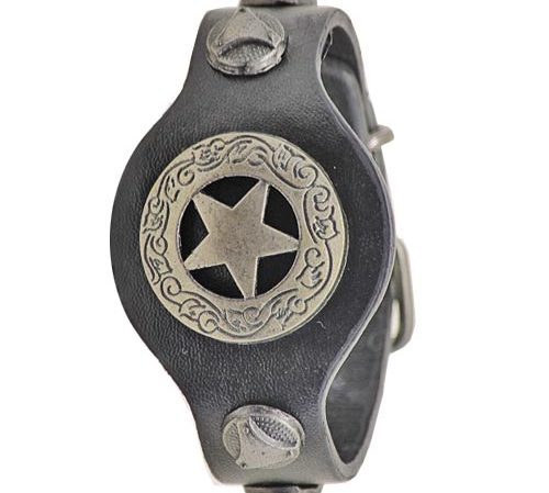 Boys broad black leather bracelet star emblem.