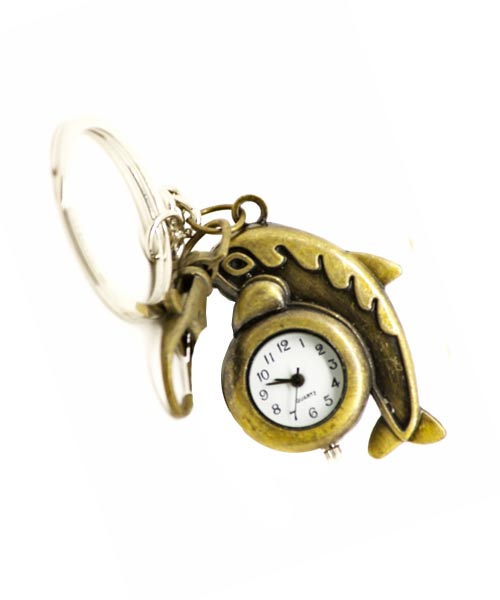 Bronze keychain quartz watch with clasp and dolphin pendant.