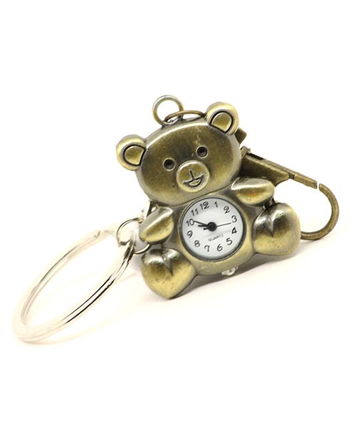 Bronze keychain quartz watch with clasp and Teddy pendant.