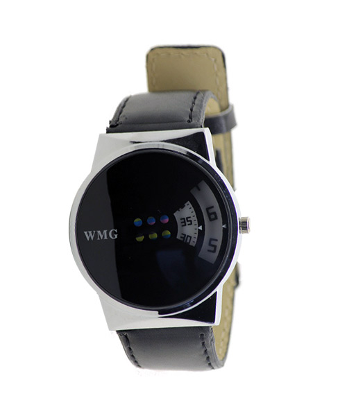 WMG rotating discs leather mens watch.