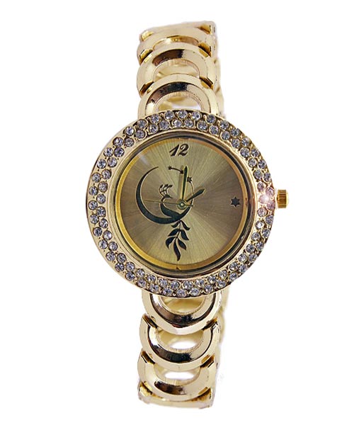 Round Gold Faux Diamond Watch for Women.