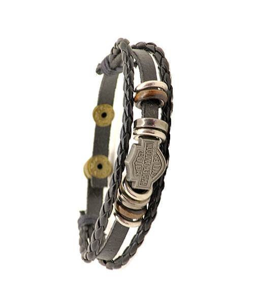 Harley boys leather bracelet with metal and bead rings.