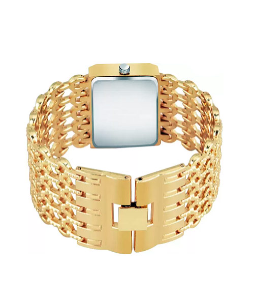 Broad gold bracelet rectangular ladies watch.