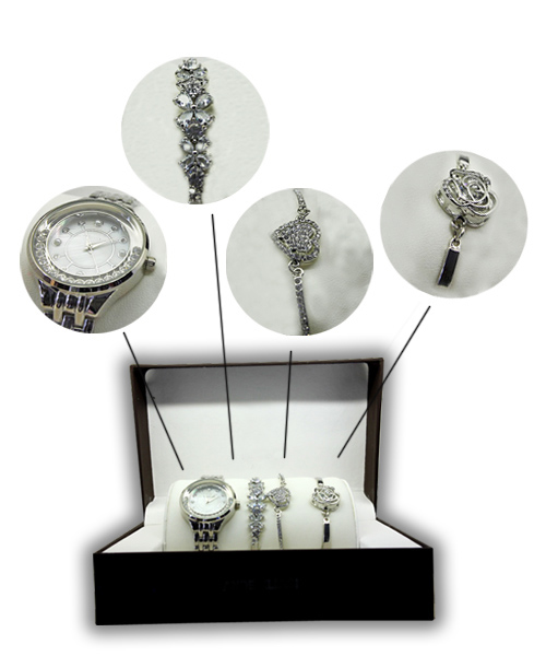 Silver Watch and Bracelet Set Combo for Ladies