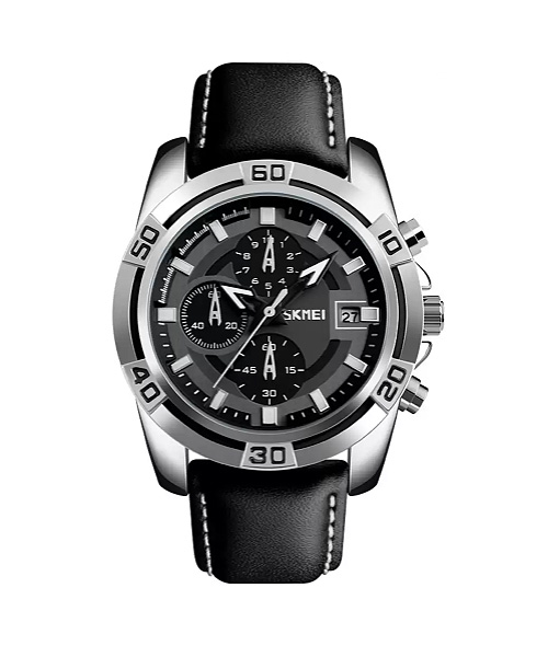 Mens chronograph silver round leather strap watch.