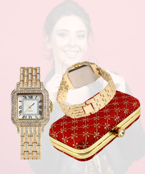 Square gold womens diamond watch embroidered clutch purse combo.