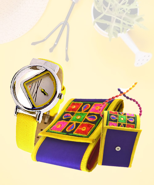 Yellow silver girls watch and ethic designer clutch with string.