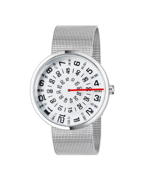 Spinning discs saucers analogue mens silver mesh strap watch.