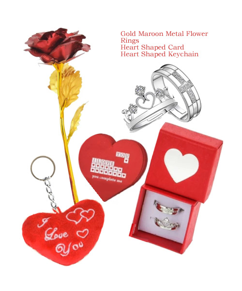 Heart-shaped Greeting Card Keychain Silver Rings Metallic Rose Gift Set