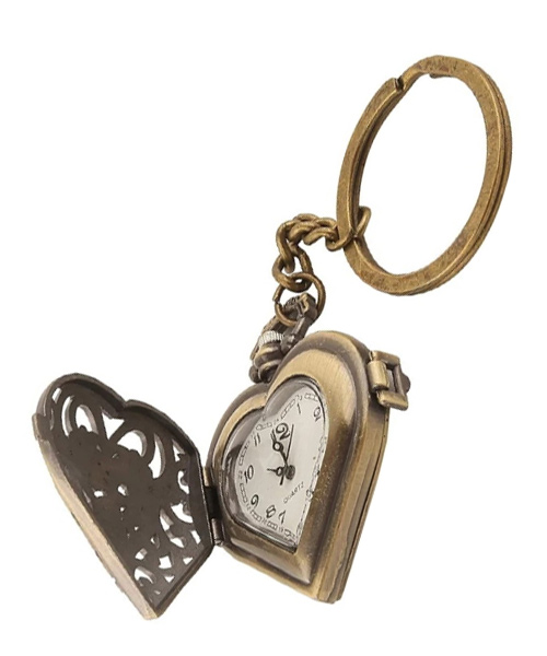 Classic retro bronze heart shape pocket watch keychain gift.