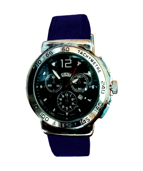 Round Case Mens Luxury Business Watch Blue Silicone Strap.