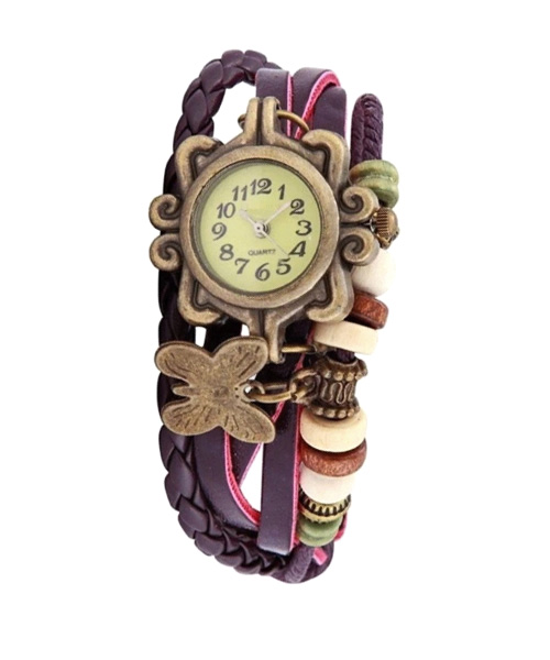 Multi strap bronze alloy leather bead girls watch purple brown