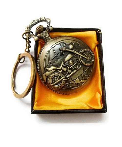 Vintage bronze themed pocket watch keychain ring motorcycle bike.